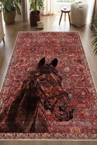 Kilim Desenli At Figurlu Yıkanabilir Kaymaz Taban Bordo Halı Bordo 80 x 300 cm ürün görseli 1