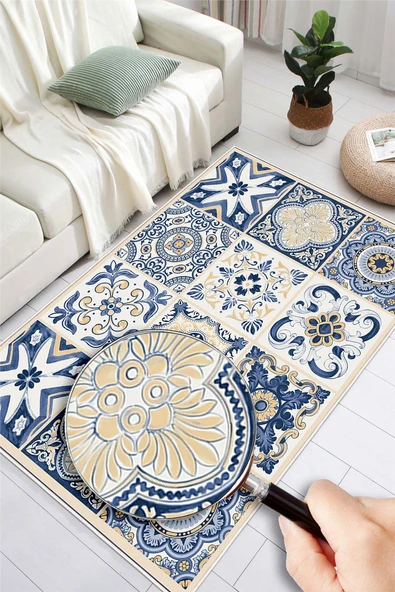 Dijital Baskılı Mavi Çini Desenli Kaymaz Taban Yıkanabilir Halı Mavi 200 x 300 cm - Resim 3