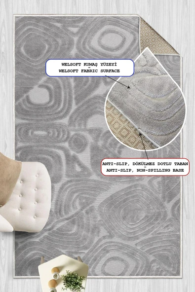 Yumuşak Dokulu İskandinav Dekoratif Kaymaz Taban Yıkanabilir Yolluk Antre Hol Halısı Salon Halısı 100 x 200 cm Gri - Resim 2