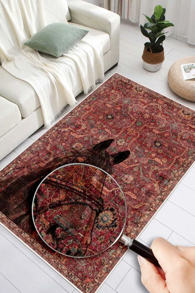 Kilim Desenli At Figurlu Yıkanabilir Kaymaz Taban Bordo Halı Bordo 160 x 200 cm - Resim 2