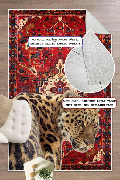 Bordo Etnik Desenli Leopar Figürlü Yıkanabilir Kaymaz Halı  100 x 150 cm Bordo - Resim 3