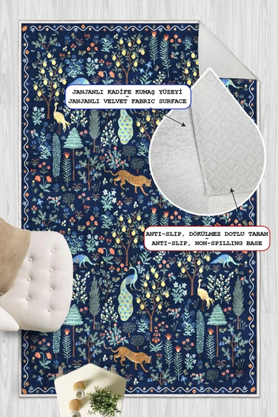 Dijital Baskılı Modern Desenli Renkli Kaymaz Taban Yıkanabilir Halı 200 x 290 cm Lacivert - Resim 4
