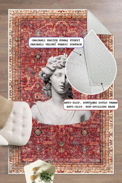 Bordo Kilim Antik Büst Desenli Kaymaz Taban Yıkanabilir Halı Bordo 60 x 150 cm - Resim 3