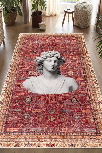 Bordo Kilim Antik Büst Desenli Kaymaz Taban Yıkanabilir Halı Bordo 100 x 250 cm ürün görseli 1