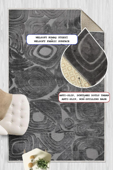 Yumuşak Dokulu İskandinav Dekoratif Kaymaz Taban Yıkanabilir Yolluk Antre Hol Halısı Salon Halısı 200 x 300 cm Antrasit - Resim 2