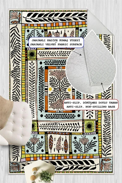 Dijital Baskılı Renkli Çiçek Motifli Kaymaz Taban Yıkanabilir Halı Çok Renkli 60 x 100 cm - Resim 3