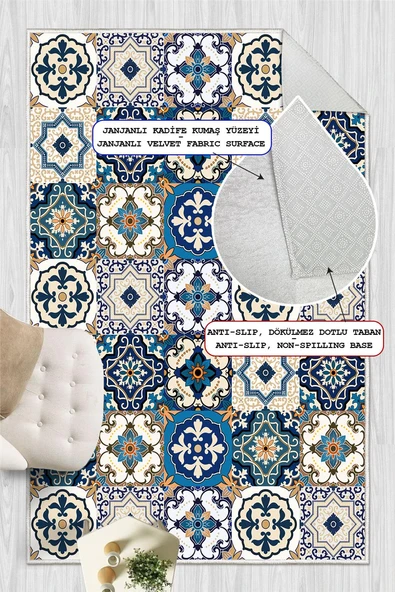 Dijital Baskılı Renkli Çini Desenli Kaymaz Taban Yıkanabilir Halı 60 x 100 cm Çok Renkli - Resim 4