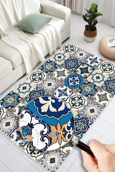 Dijital Baskılı Renkli Çini Desenli Kaymaz Taban Yıkanabilir Halı 60 x 100 cm Çok Renkli - Resim 3