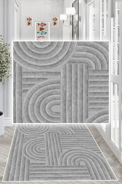 Geometrik Desenli Dekoratif Kaymaz Taban Yıkanabilir Yolluk Antre Hol Halısı 180 x 280 cm Gri - Resim 3