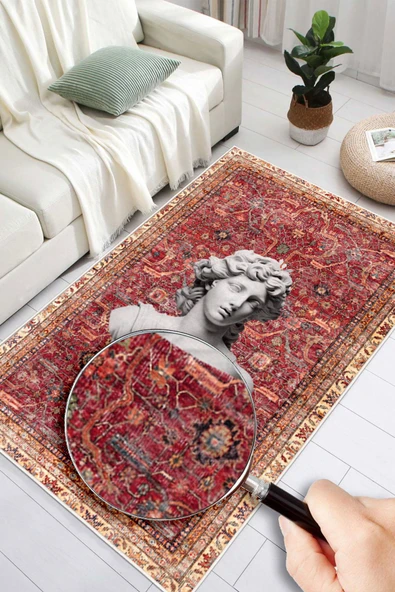 Bordo Kilim Antik Büst Desenli Kaymaz Taban Yıkanabilir Halı 60 x 100 cm Bordo - Resim 2