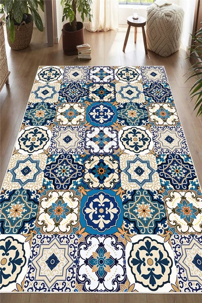 Dijital Baskılı Renkli Çini Desenli Kaymaz Taban Yıkanabilir Halı 60 x 100 cm Çok Renkli ürün görseli 1