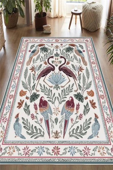 Dijital Baskılı Renkli Flamingo Desenli  Kaymaz Taban Yıkanabilir Halı Çok Renkli 100 x 150 cm - Resim 2