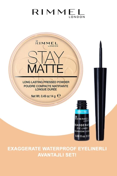 RIMMEL LONDON Stay Matte Powder 001 - Transparent + Siyah Eyeliner - Exaggerate Waterproof Eyeliner ürün görseli 1