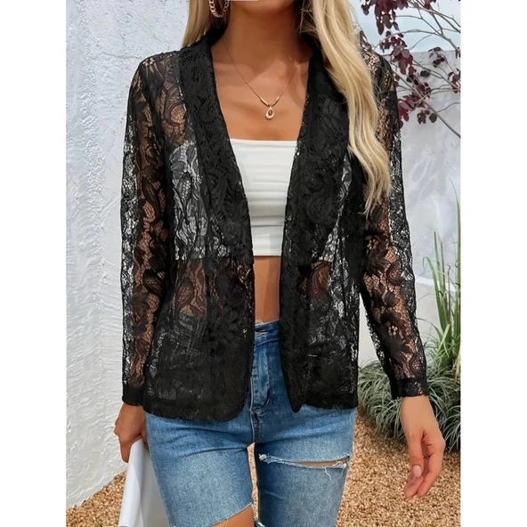 Lucky Life Kadın Uzun Kollu Yakalı önü Açık Dantelli Ceket - Resim 2