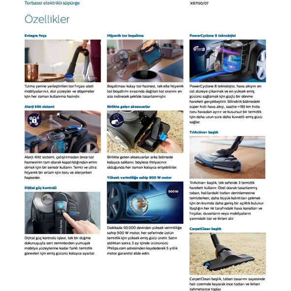 Philips Marathon Ultimate XB7150/07 900 W Toz Torbasız Süpürge - Resim 6