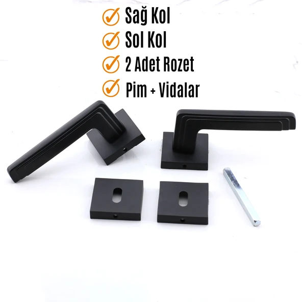 Oda Kapı Kolu Siyah Kare Rozetli Sağa Sola Uygun İç Ev Kapısı Kolları Kilitlenebilir 1 Takım - Resim 4