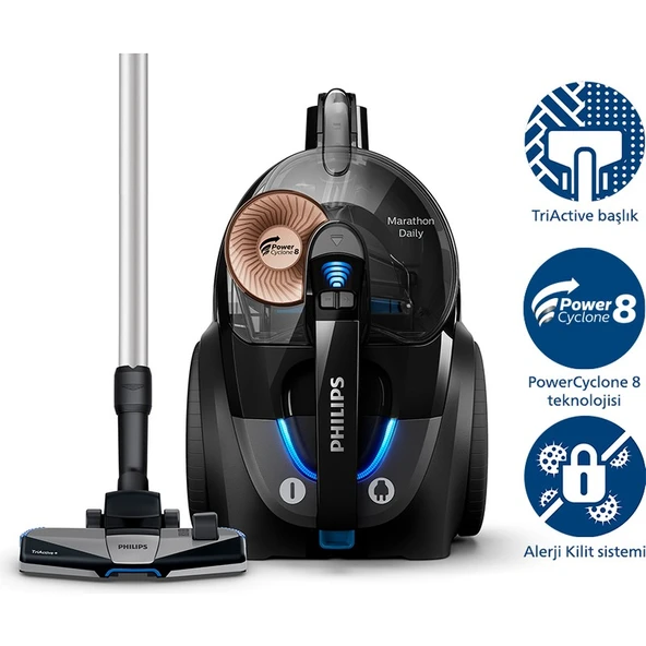 Philips XB7150/07 Marathon Daily Torbasiz Elektrikli Süpürge, 750 W, PowerCyclone 8 CarpetClean Başlık,XB7150 ürün görseli 1