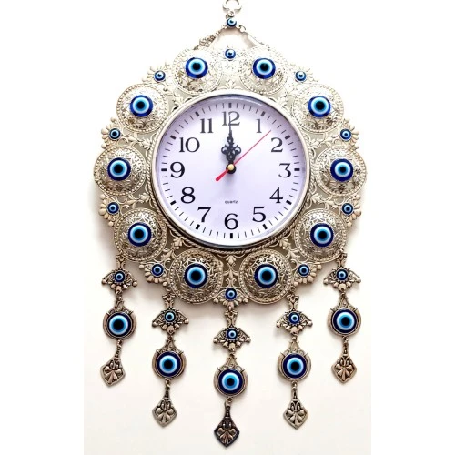 Nazar Boncuklu Gümüş Kaplama Solmaz Kararmaz Duvar Saati ürün görseli 1