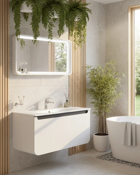 Pion 120 CM Lavabo Dolabı Beyaz Antrasit ve Led Ayna ürün görseli 1