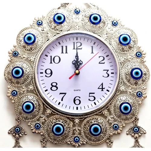 Nazar Boncuklu Gümüş Kaplama Solmaz Kararmaz Duvar Saati - Resim 2