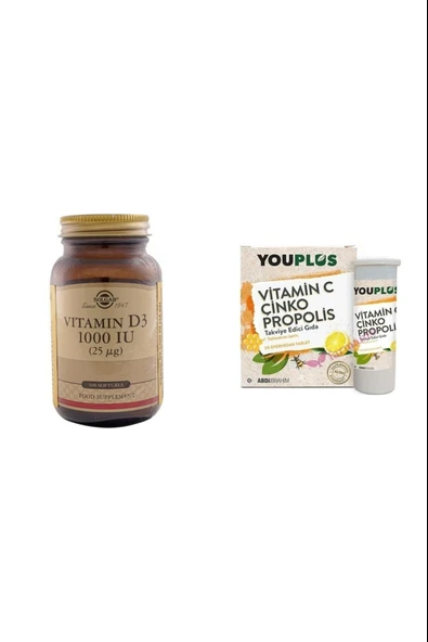 Solgar Vitamin D3 1000ıu 100 Kapsül+ You-plus Vitamin C Çinko Propolis 20 Efervesan Tablet ürün görseli 1