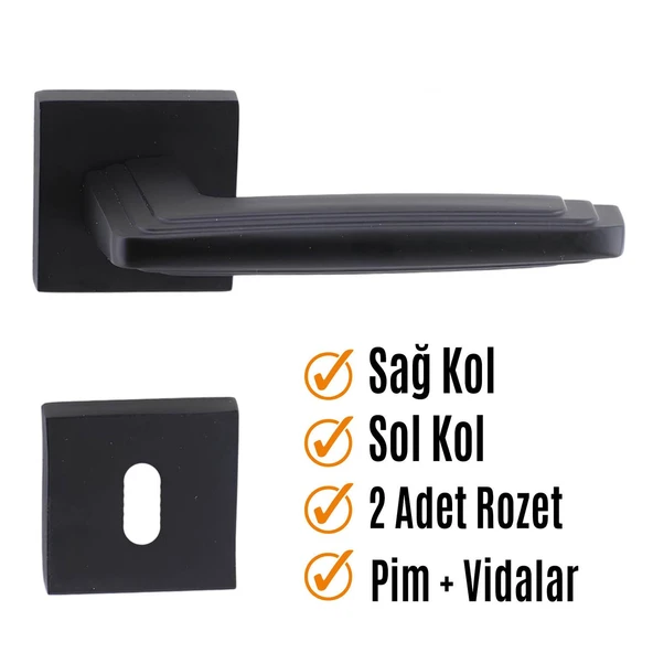 Oda Kapı Kolu Siyah Kare Rozetli Sağa Sola Uygun İç Ev Kapısı Kolları Kilitlenebilir 1 Takım - Resim 3