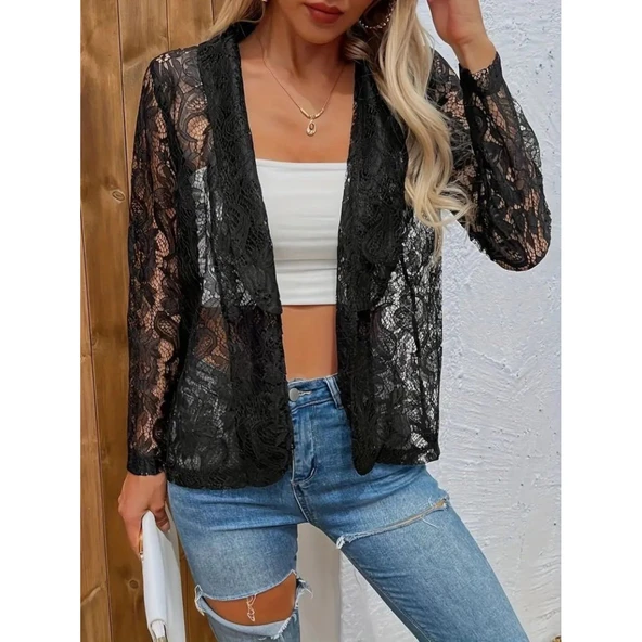 Lucky Life Kadın Uzun Kollu Yakalı önü Açık Dantelli Ceket ürün görseli 1