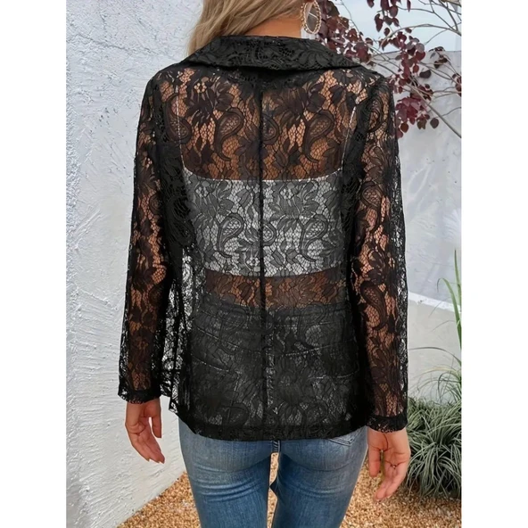 Lucky Life Kadın Uzun Kollu Yakalı önü Açık Dantelli Ceket - Resim 3