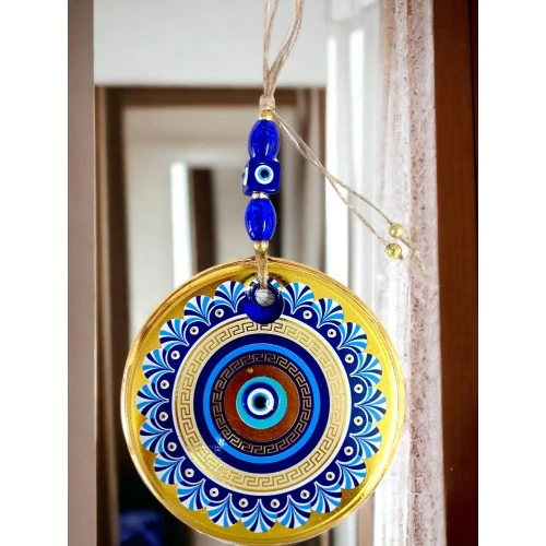 Gold Cam Üzeri Mavi Motifli Nazar Boncuklu Göz Detaylı Duvar Süsü - Resim 3