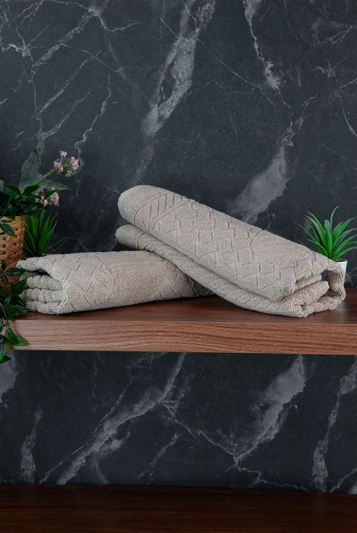 Ayak İzi Desenli 2li Ayak Havlusu - 50x70 cm - Su Emici Banyo Paspası Seti - Krem - Resim 4