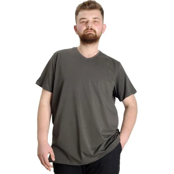 Büyük Beden T-Shirt V Yaka Likralı 20150 Haki ürün görseli 1