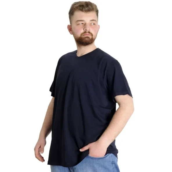 Büyük Beden T-Shirt V Yaka Likralı 20150 Lacivert - Resim 2
