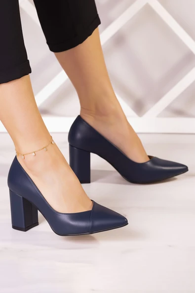 Erkan Saçmacı Belinda Lavivert Vegan Sivri Burun Kalın Topuklu Klasik Ayakkabı - Resim 3