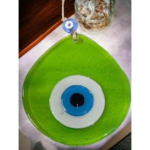 Mavi Nazar Boncuklu Şeffaf Açık Yeşil Renk Nazar Boncuklu Damla Desen El Yapımı Duvar Süsü - Resim 2