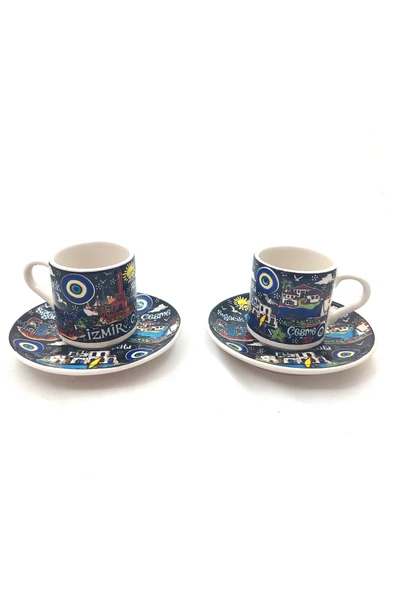 EL YAPIMI VE İZMİR TEMALI 2'Lİ FİNCAN TAKIMI ürün görseli 1