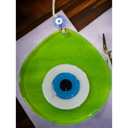 Mavi Nazar Boncuklu Şeffaf Açık Yeşil Renk Nazar Boncuklu Damla Desen El Yapımı Duvar Süsü - Resim 4