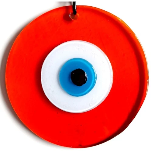 Mavi Nazar Boncuklu El Yapımı Deri İpli Turuncu Renk Şeffaf Cam Duvar Süsü - Resim 3