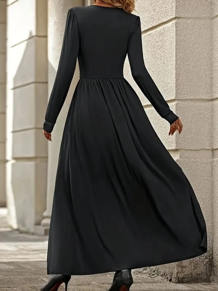 Lucky Life Kadın  Uzun Kollu V Dantel Yakalı Yırtmaçlı Uzun Sandy Elbise - Resim 4