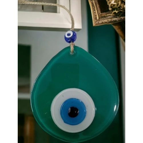 Mavi Nazar Boncuklu Yeşil Renk Nazar Boncuklu Damla Desen El Yapımı Duvar Süsü - Resim 3