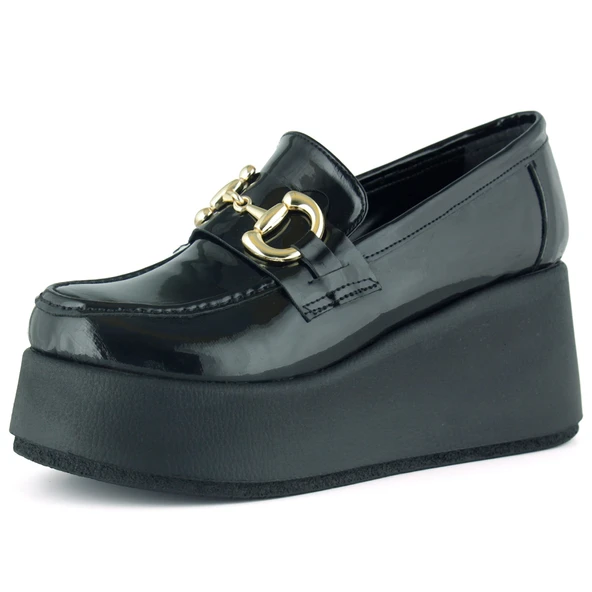 Erkan Saçmacı Celyn Siyah Rugan Yuvarlak Burun Tokalı Dolgu Topuklu Günlük Ayakkabı ürün görseli 1