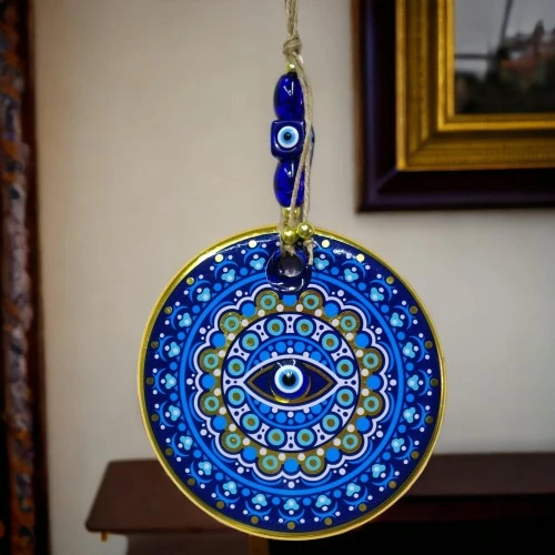 Yaldızlı Nazar Boncuklu Mavi Pembe Renkli Duvar Süsü Cam Duvar Dekoru - Resim 4