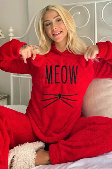 Kırmızı Meow Desenli Tam Peluş Pijama Takımı ürün görseli 1