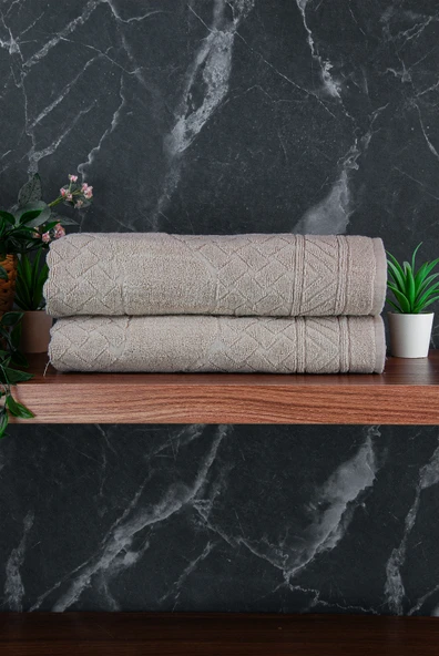 Ayak İzi Desenli 2li Ayak Havlusu - 50x70 cm - Su Emici Banyo Paspası Seti - Krem - Resim 2