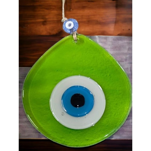 Mavi Nazar Boncuklu Şeffaf Açık Yeşil Renk Nazar Boncuklu Damla Desen El Yapımı Duvar Süsü ürün görseli 1