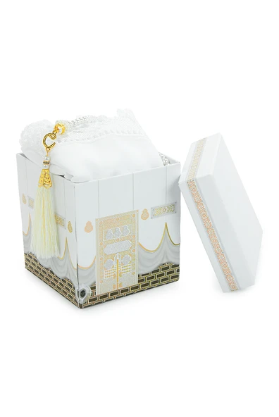 Kabe Desenli Özel Kutulu Seccade Tesbih Mevlüt Seti Beyaz - Resim 5