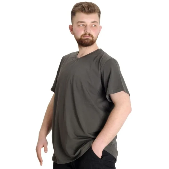 Büyük Beden T-Shirt V Yaka Likralı 20150 Haki - Resim 2