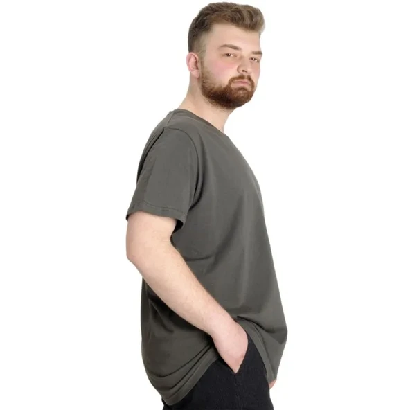 Büyük Beden T-Shirt V Yaka Likralı 20150 Haki - Resim 3