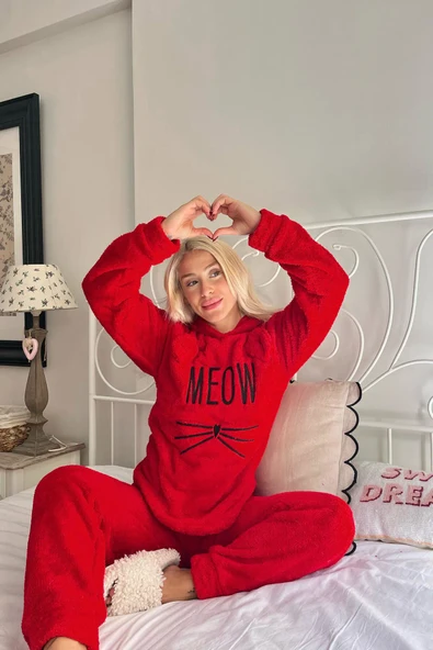Kırmızı Meow Desenli Tam Peluş Pijama Takımı - Resim 2