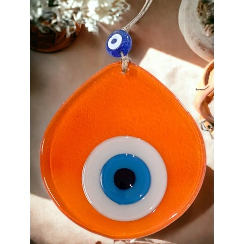 Orta Boy Şeffaf Turuncu Damla Desen Nazar Boncuklu Duvar Dekoru Cam Duvar Süsü - Resim 4