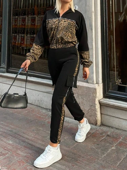 Lucky Life Kadın  Uzun Kollu Kapşonlu Leopar Desenli Viskon Iki Iplik Bluz Ve Pantolon Ikili Takım - Resim 2